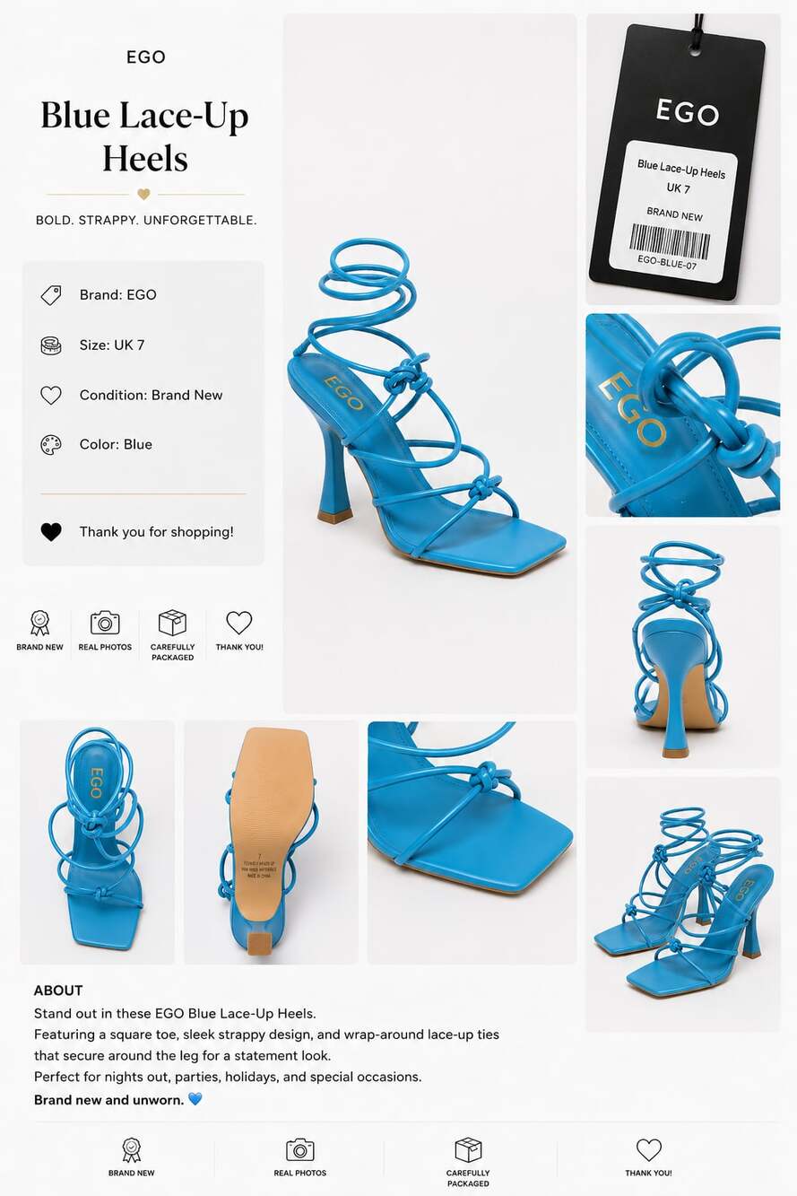 EGO Blue Lace-Up Heels Strappy Square Toe Sandals Size UK 7